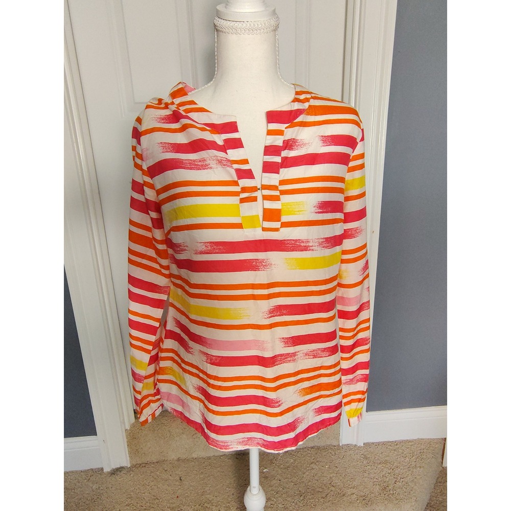 Elizabeth McKay Pink Orange Striped Silk Cotton Split Neck Tunic Blouse Size 6